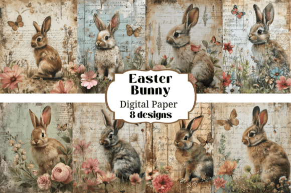 8 Easter Bunny & Flowers Backgrounds: Fresh Digital Assets